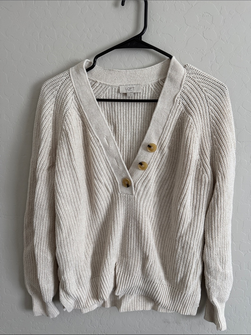 LOFT Cream V-Neck Button Knit Sweater